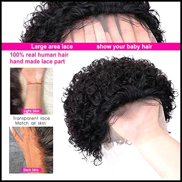 Short Curly Human Hair Lace Front Wig Pre Plucked Pixie Cut Natural
